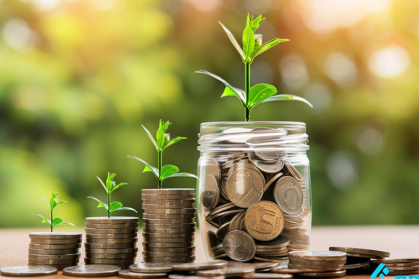 Stack of coins and plant on wooden table